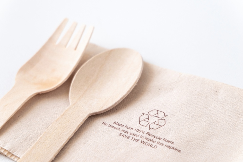 fork, knife, and napkin made of recycled materials