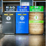 labeled recycling bins